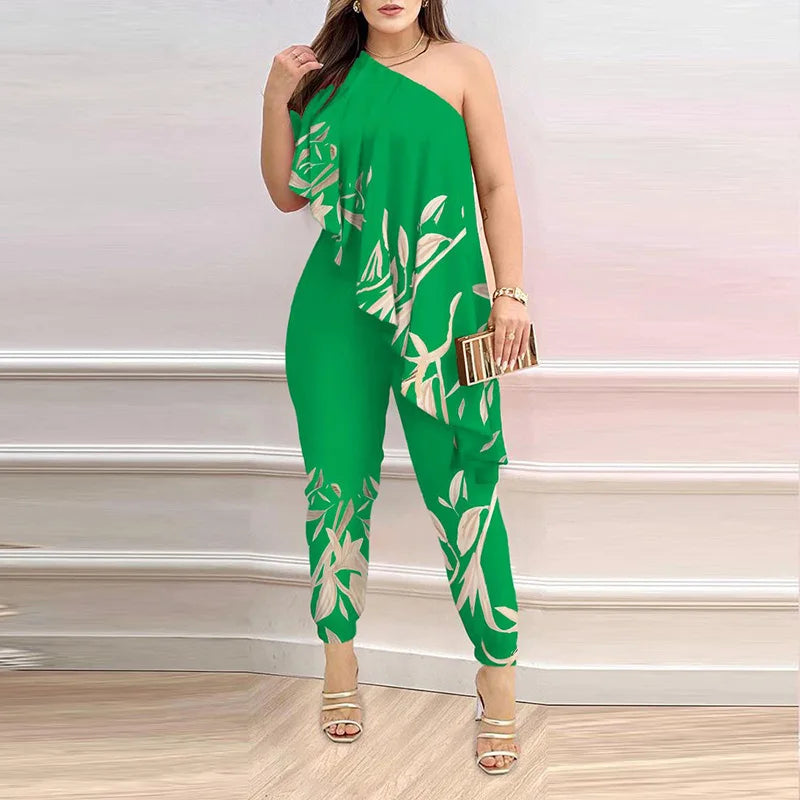 New Pencil Pants Playsuits Women Summer Loungewear Printing Fashion Skew Collar Sleeveless Ruffles Ladies Jumpsuits - She Vibess By C2P