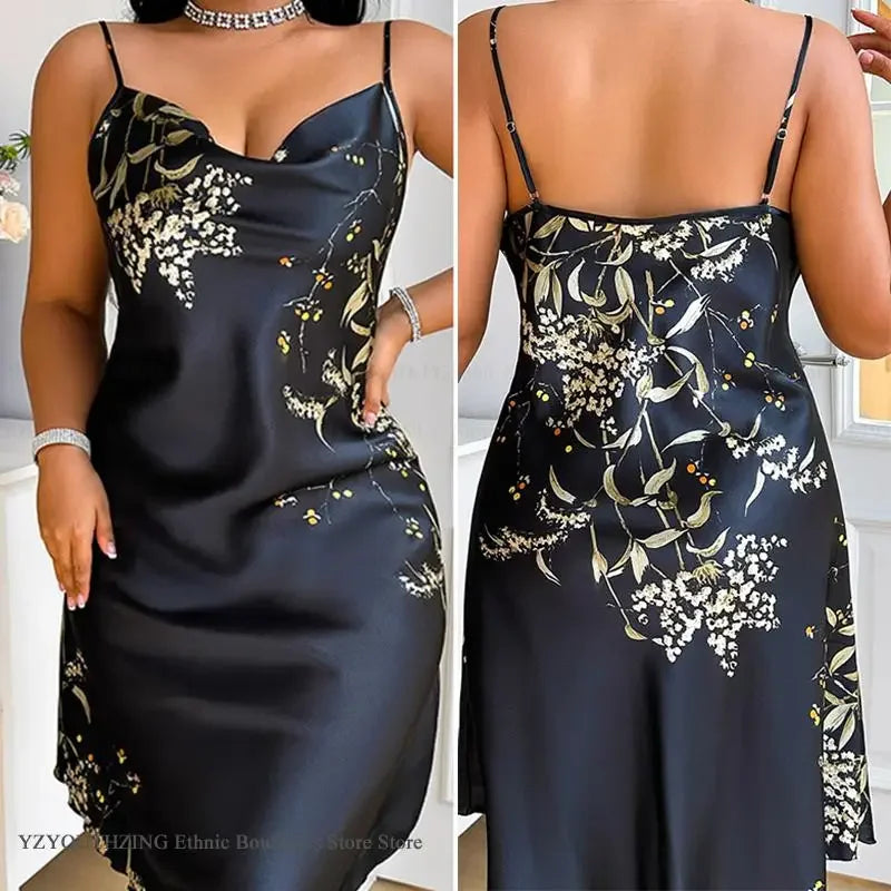 Large Size 5XL Women Suspender Nightgown Home Dress Sexy Print Flower Nightdress Intimate Lingerie Loose Casual Satin Loungewear - She Vibess By C2P