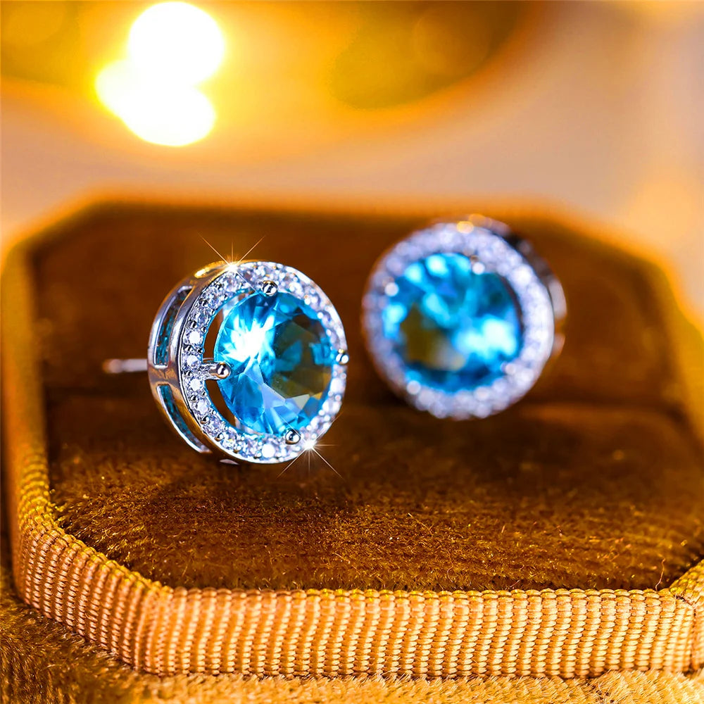 Luxury Female Crystal Purple Blue Green Round Stud Earrings Silver Color Wedding Jewelry For Women - She Vibess By C2P