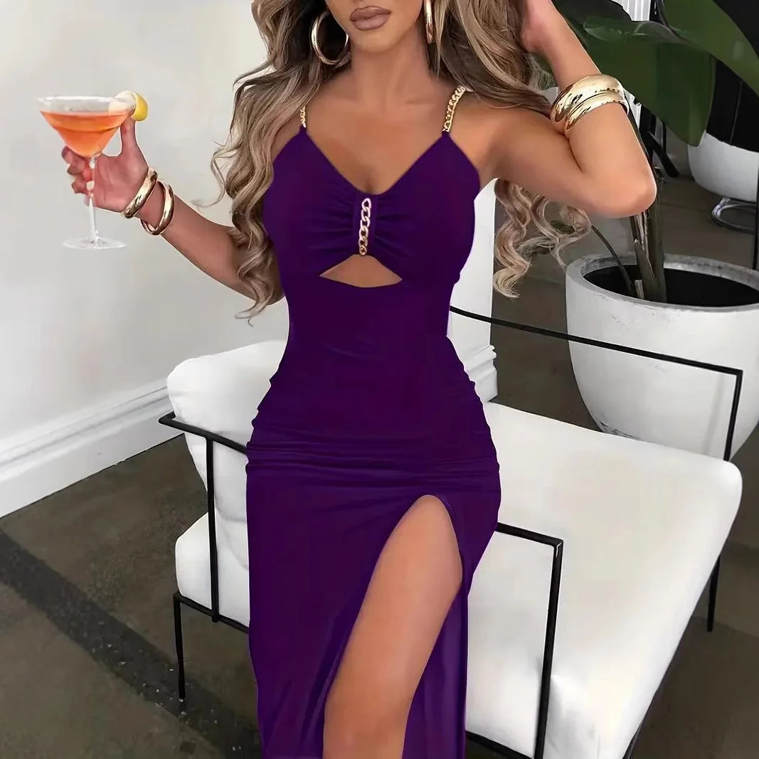 Slip Dress Women Sexy Sundress Split Chain Hollow Out V Neck Sleeveless Maxi Gown Bodycon Vestidos Party Sheath Dresses 2025 - She Vibess By C2P