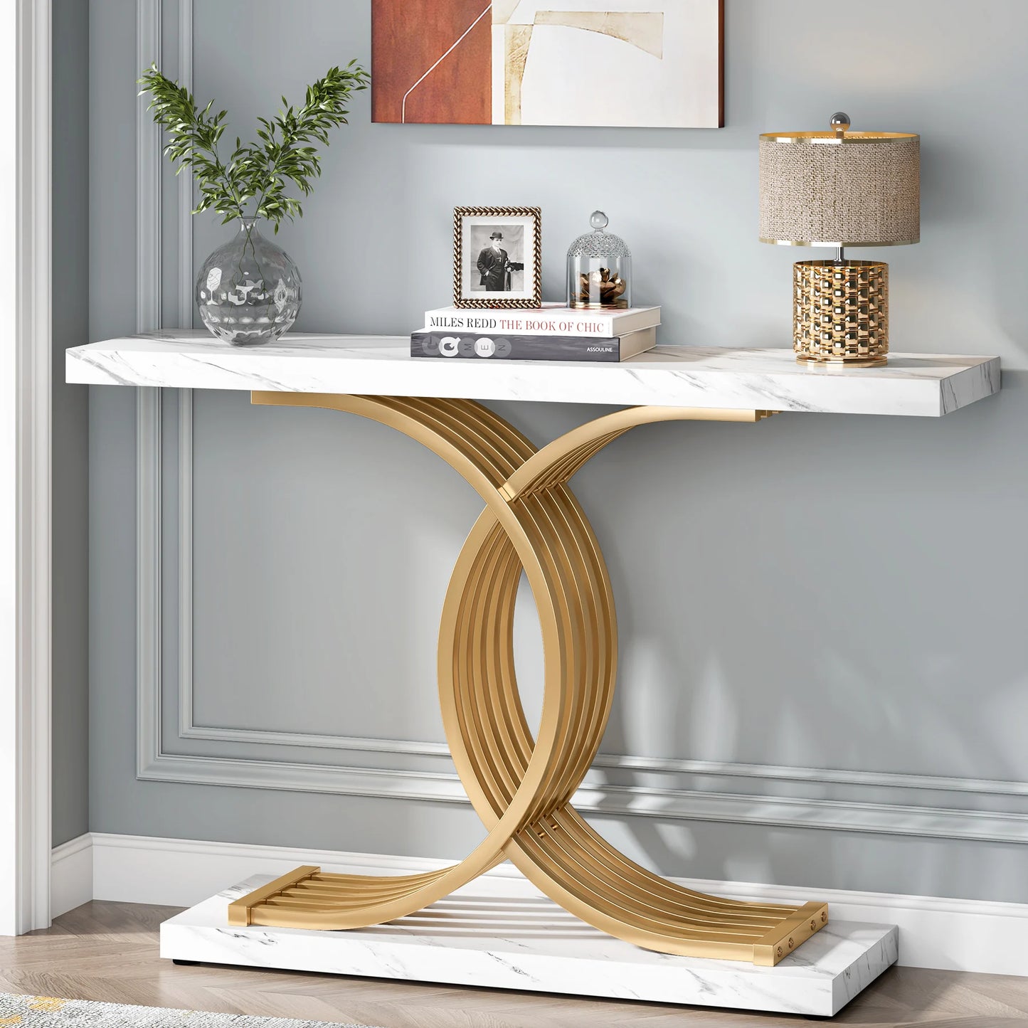 Tribesigns Gold Entryway Table, Modern 39-Inch Console Faux Marble Narrow Wood Sofa with Geometric Metal Legs - She Vibess By C2P