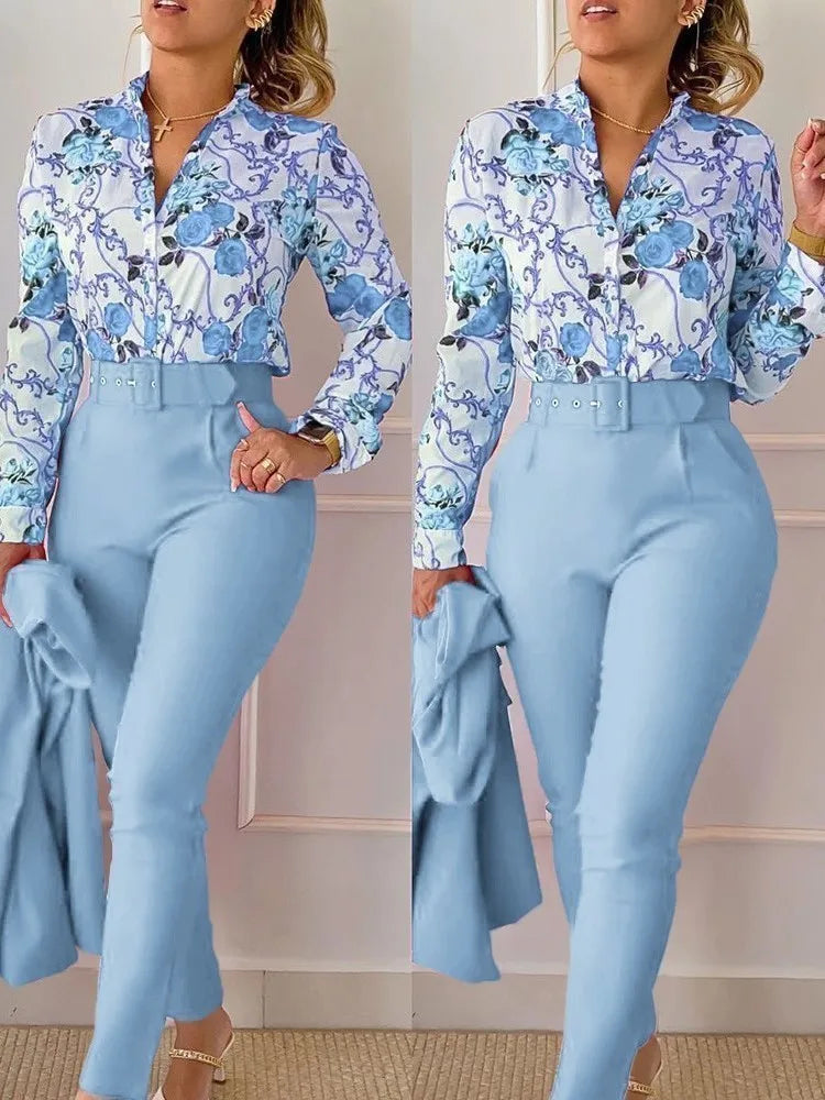 Autumn Winter Stand Neck Floral Print Long Sleeve Shirt Pants Two Piece Sets Elegant Women Casual Shirt Trousers Suits With Belt - She Vibess By C2P