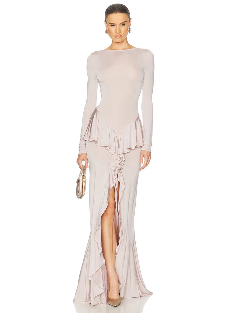 Mozision Backless Ruffled Sexy Maxi Dress For Women Gown Fashion O Neck Long Sleeve Thigh High Split Evening Long Dress Elegant - She Vibess By C2P