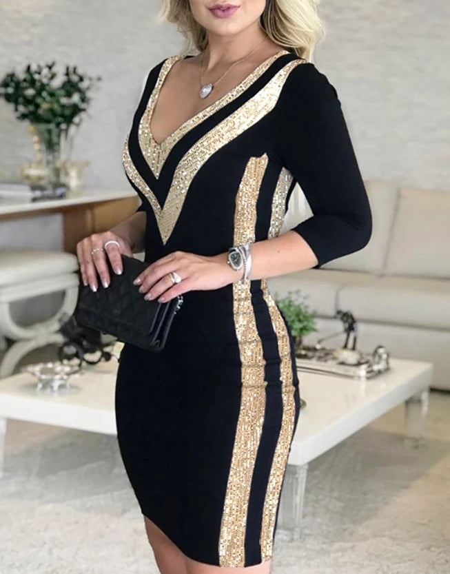 2023 Autumn Winter Spring New Fashion Casual Elegant Evening Party Dresses for Women Sexy Contrast Sequin V-Neck Bodycon Dress - She Vibess By C2P