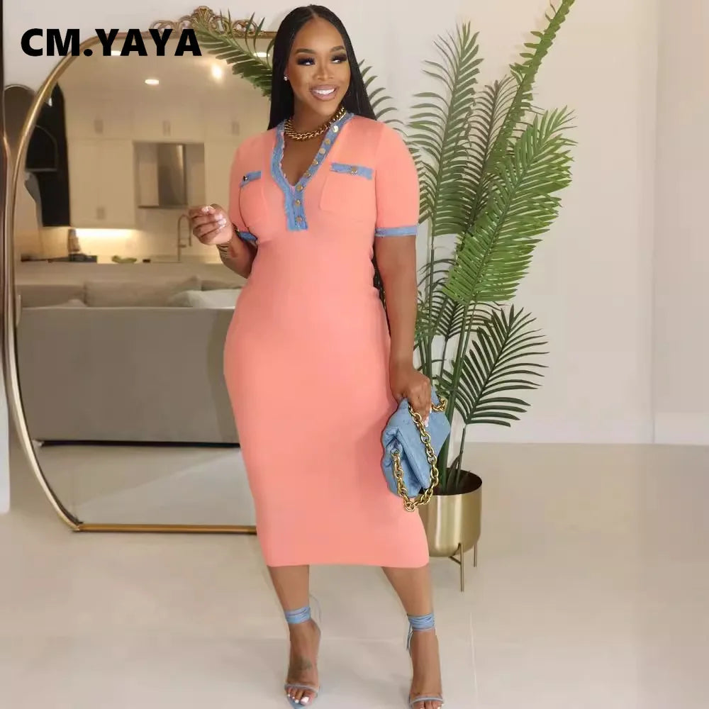 CM.YAYA Women Button Front Denim Splicing V-neck Short Sleeve Midi Dress 2024 Summer Sexy Club Street Party Dresses Vestidos - She Vibess By C2P