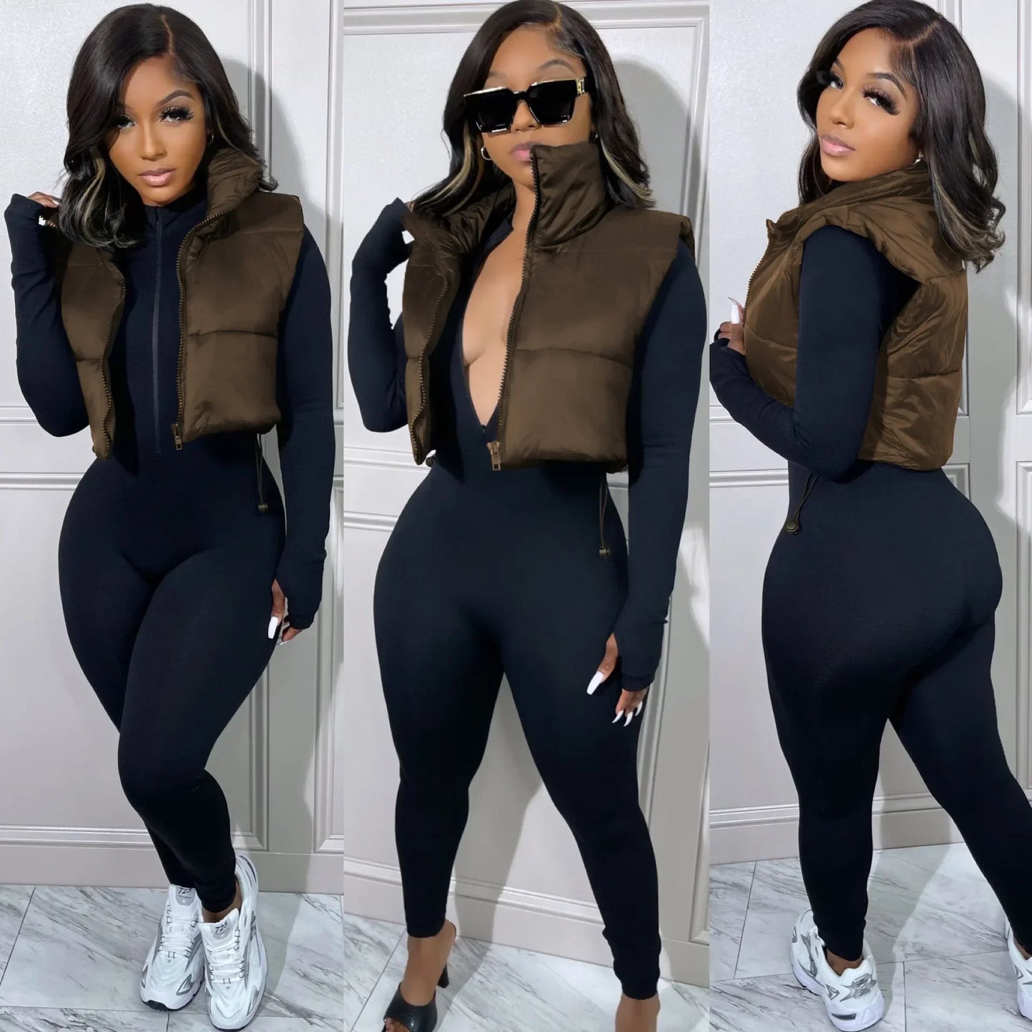 Women's Winter Vest Fashion Faux Leather Padded Jacket Coat Vintage PU Black And White Female Short Waistcoat Chic Clothes Tops - She Vibess By C2P