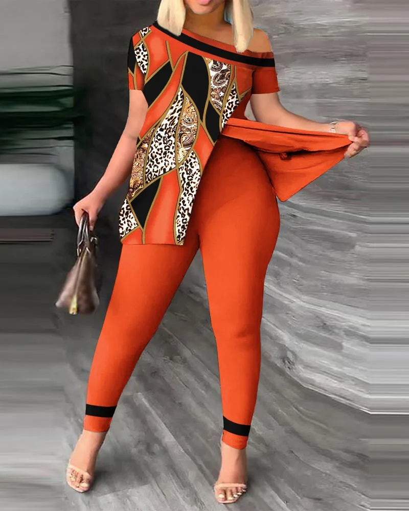Elegant Women Two Piece Set Suits New Fashion Printed Ruffle Sleeve Top Solid Color Pants Set With Belt Blouses Female Clothing - She Vibess By C2P