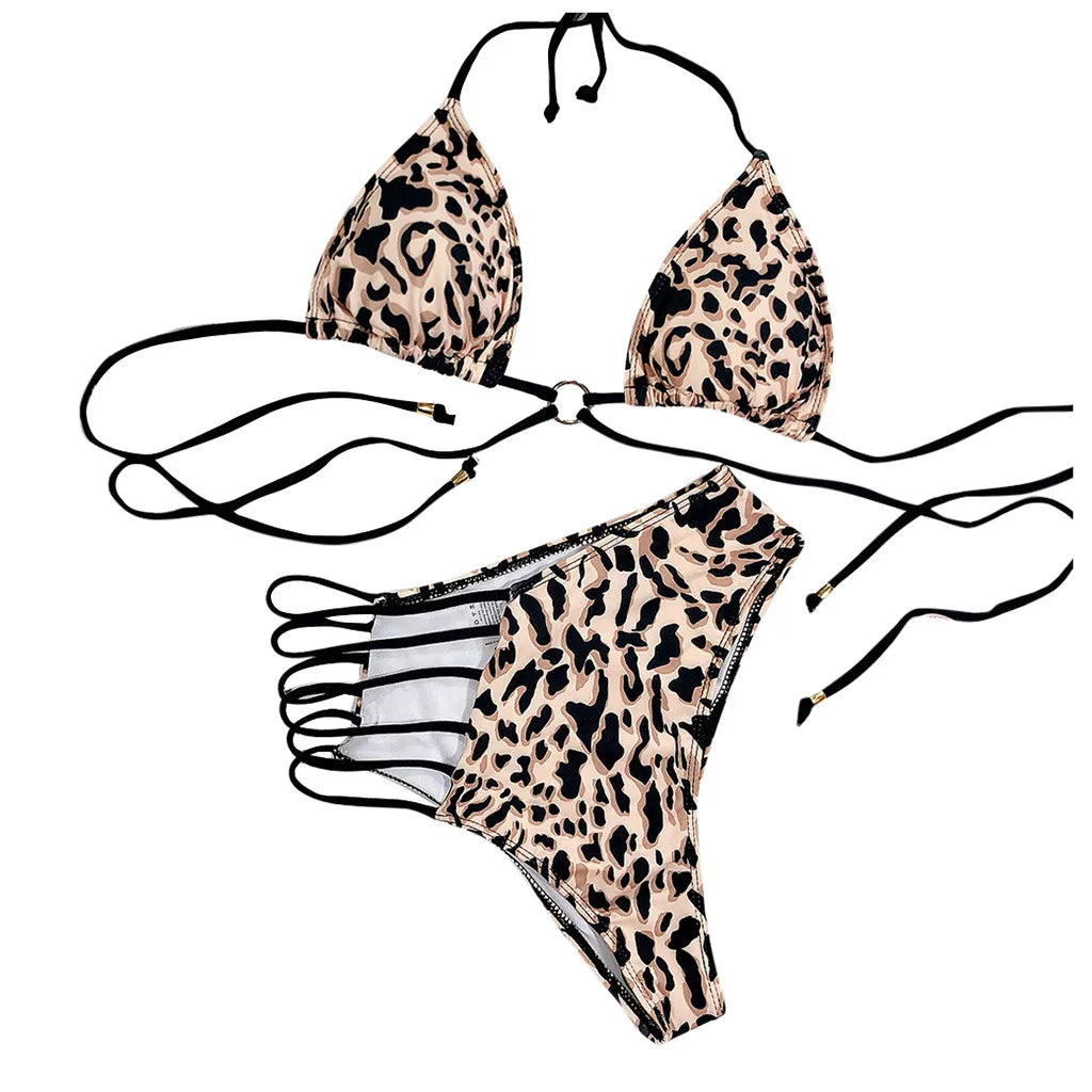 Leopard Print V Neck Sting Lace Up Swimsuits Swimwear Off Shoulder Bikini Swimsuits Push Up Swimwear Split Bikini Bathing Suits - She Vibess By C2P