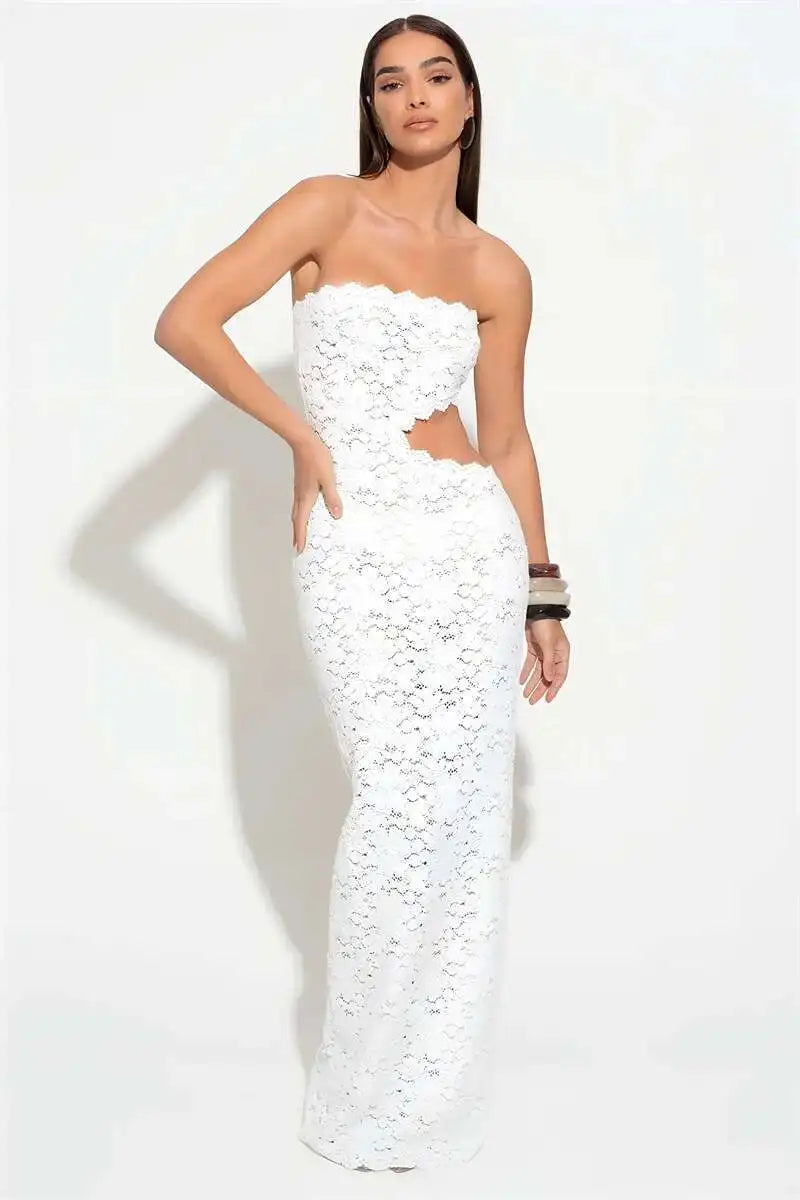 Blifanbo Backless Sexy Off-shoulder Maxi Dress Women Lace Sleeveless Strapless Hollow Out Skinny Club Party Long Dress Elegant - She Vibess By C2P