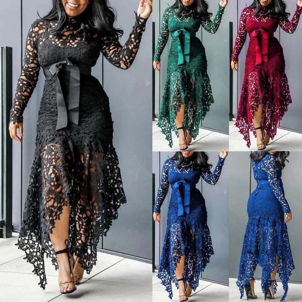 Bowtie Women Lace Dress 2024 Autumn Long Sleeve Stain Bow Belted Irregular Hem Hollow Out Sexy Bodycon Dress Evening Party Dress - She Vibess By C2P