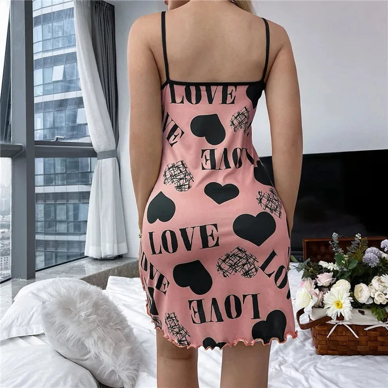 Summer New Women's Nightgown Beauty Back Thin Section Of Home Wear Sexy Halter Short Skirt Love Cartoon Cute Printing Pajamas - She Vibess By C2P