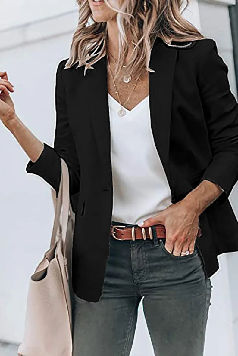 New Temperament Coat Women's Long Sleeve Solid Color Suit Collar Single Breasted Suit - She Vibess By C2P