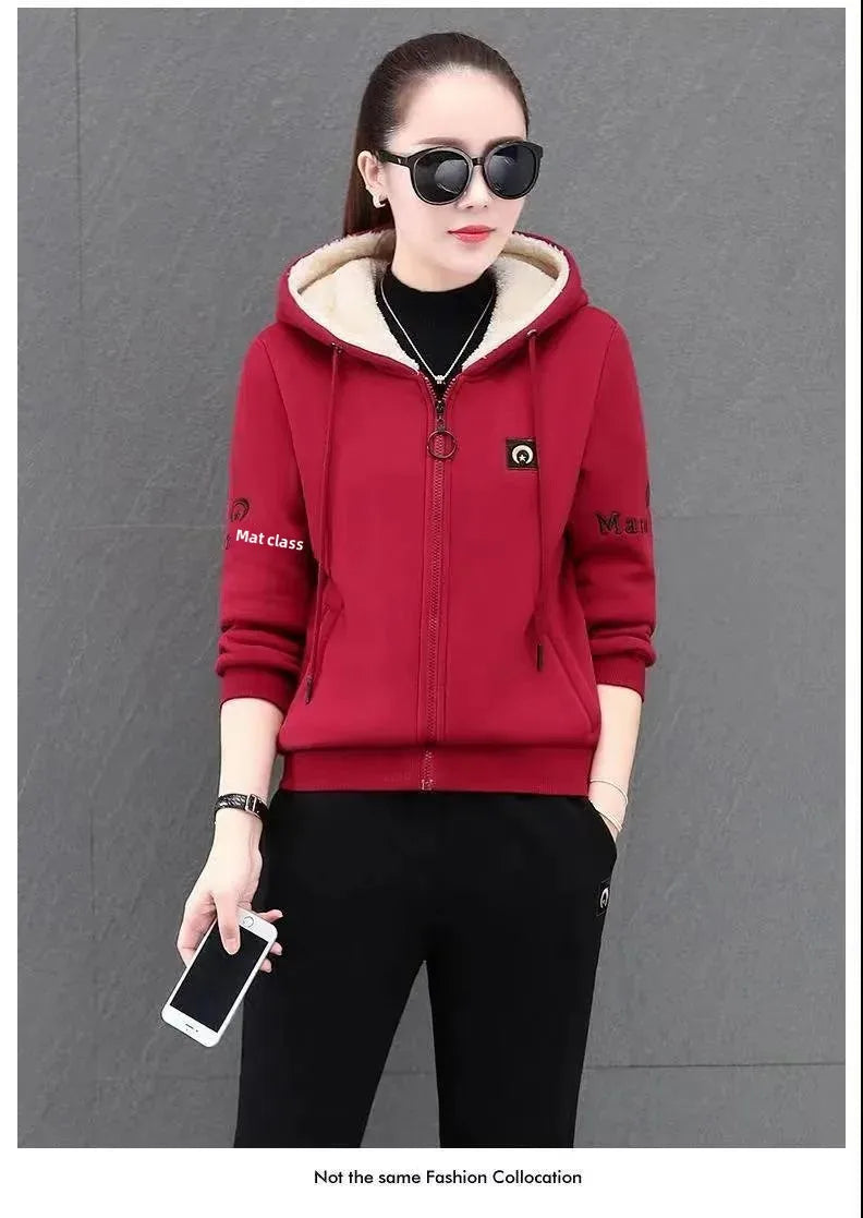 Fashionable Thickened Fleece Set Women's Loose Casual Outfit Hoodie with Pocket Two-Piece Autumn Winter Style Streetwear - She Vibess By C2P