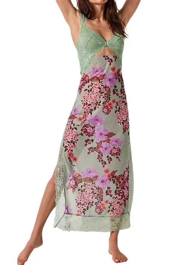 Summer New Lace Backless Shoulder Strap Splicing Slit Pattern Long Dress Women's Clothing - She Vibess By C2P