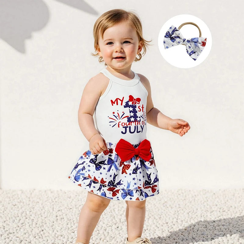 Independence Day Toddler Girls Outfit Set with Sleeveless Tank Top Bow Skirt and Headband - Patriotic Baby Clothes for 4th of - She Vibess By C2P