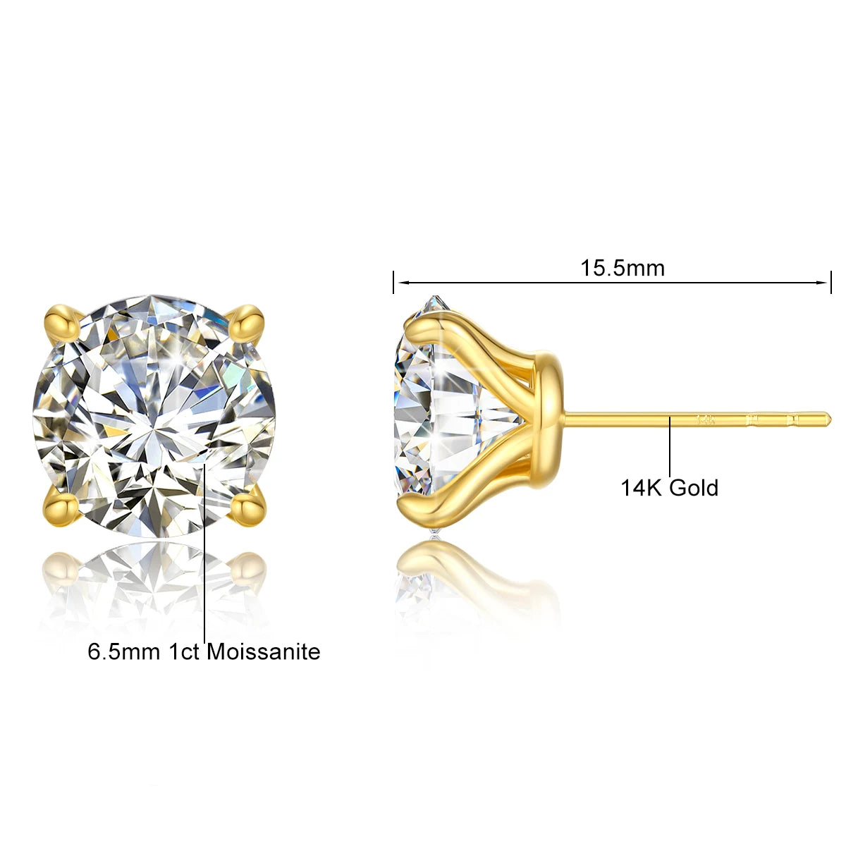 1pair 14K Gold Moissanite Stud Earrings for Women Simple Classical 4-Prong Lab Diamond Ear Stud Wedding Engagement Gift Jewelry - She Vibess By C2P