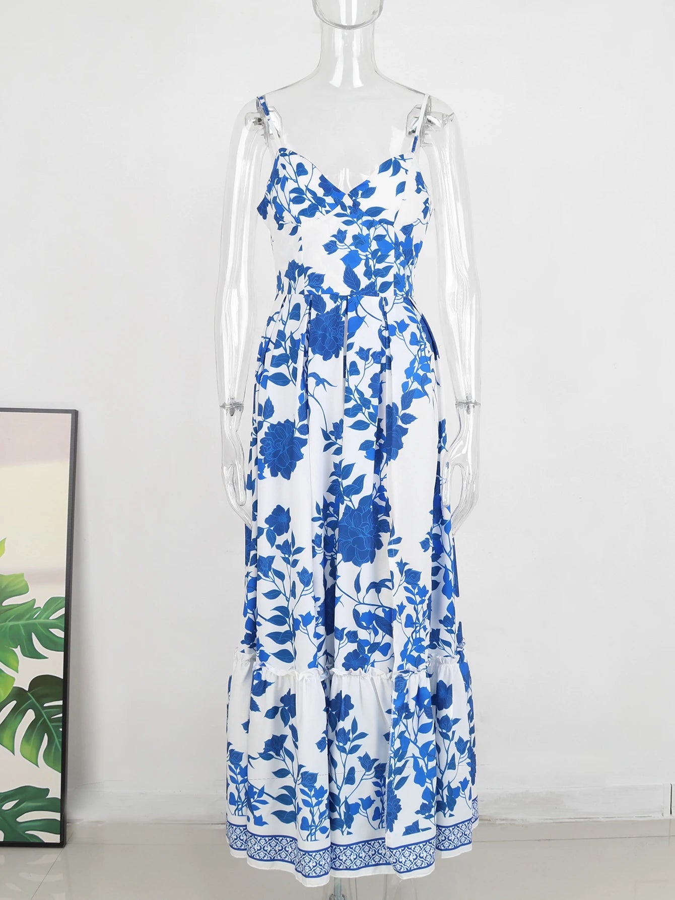 Summer Print Long Dress Women Clothing Lace Up Sling Party Dresses Pattern Strappy Ladies Hollow Out V-Neck Beach Vestidos - She Vibess By C2P