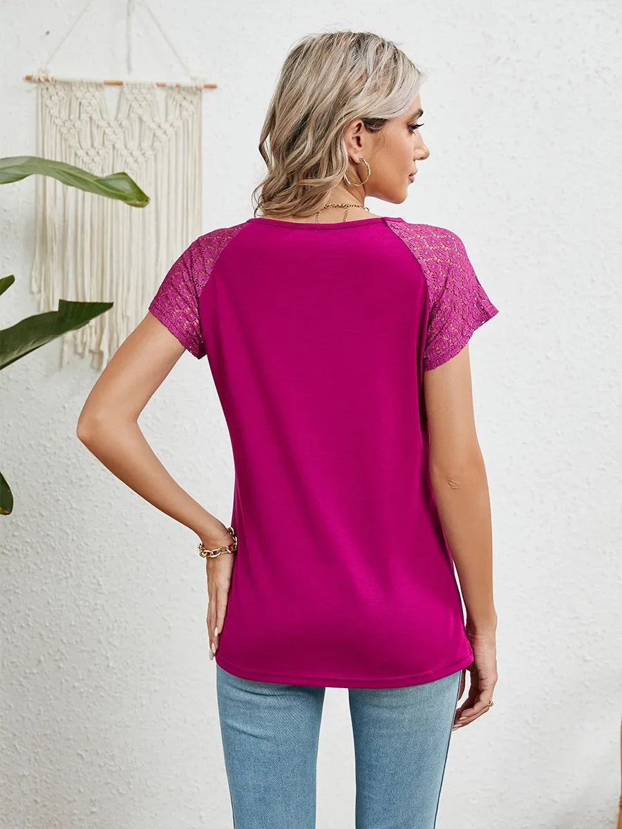 2025 New Women Summer Top Solid Round Neck Lace Patchwork Short Sleeved T-shirt Top Casual Tops Unique Tees Women's Clothing - She Vibess By C2P