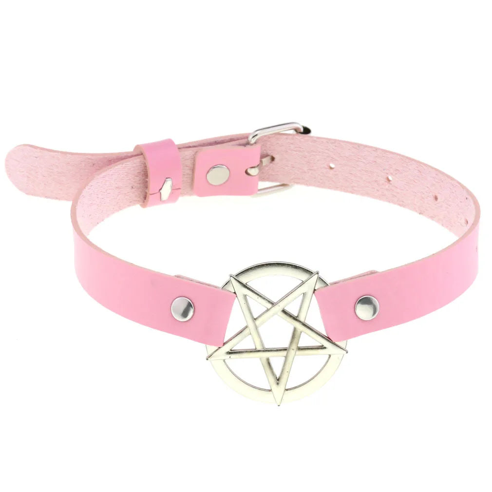 DIEZI Harajuku Pink PU Leather Star Heart Flower Choker Necklace Torques For Women Men Gothic Pink PU Leather -I’m Over 21 - She Vibess By C2P