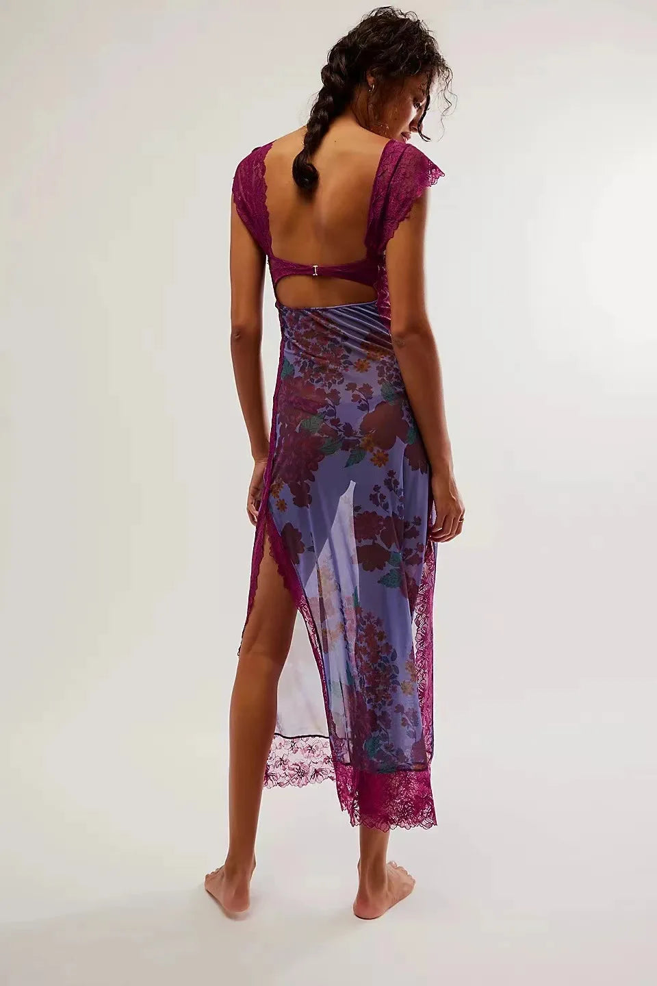 Summer New Lace Backless Shoulder Strap Splicing Slit Pattern Long Dress Women's Clothing - She Vibess By C2P