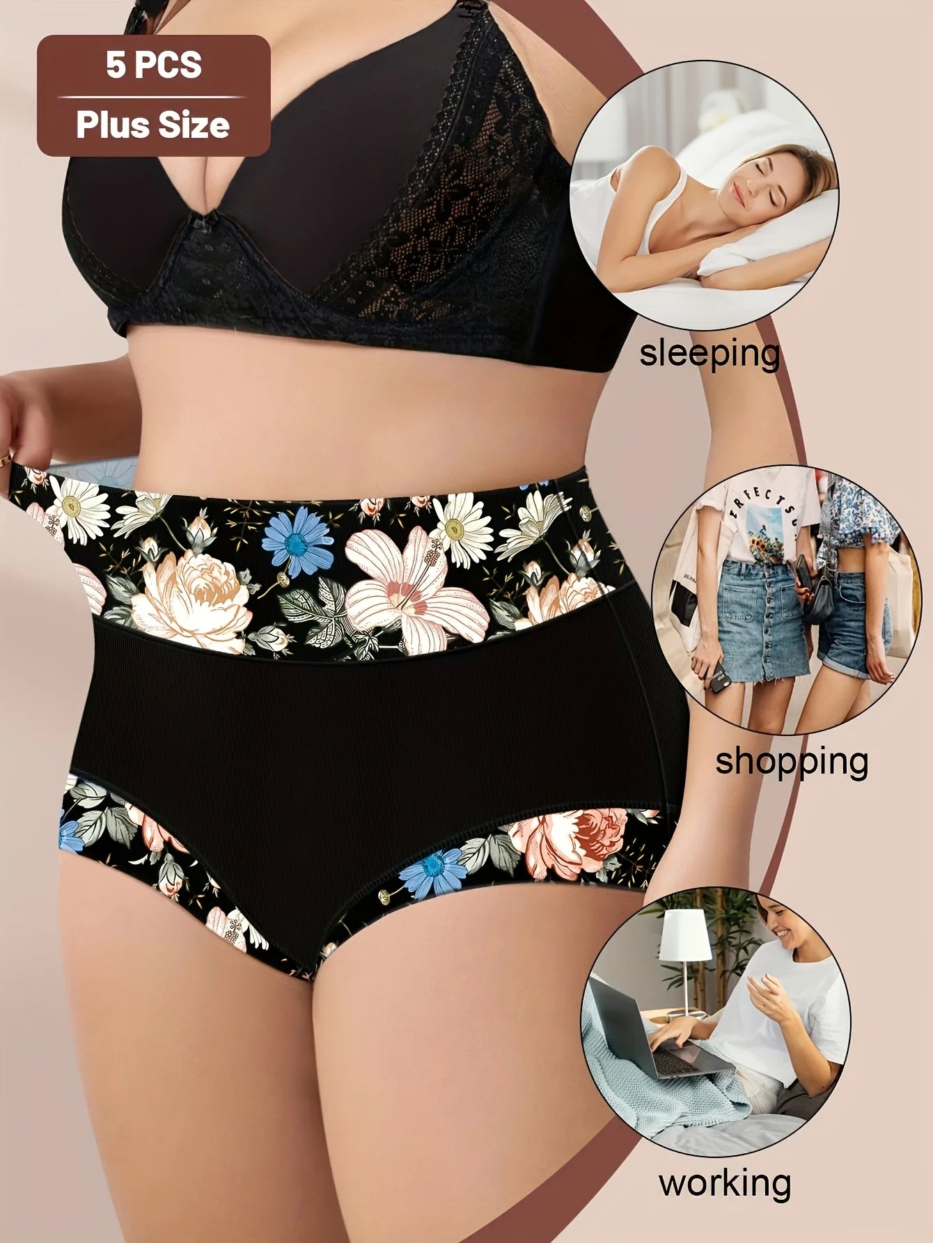 5-Pack Plus Size Panties for Women Ladies Multi Color Panties Underwear Breathable Wholesale High Waist Printed Underwear - She Vibess By C2P
