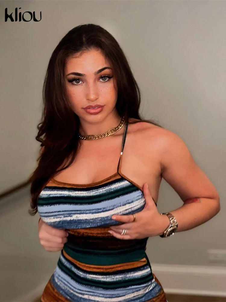 Kliou Panelled Striped Mini Dresses Aesthetic Women Sexy Skinny Slash Neck Camisole Backless Vintage Midnight Clubwear Outfits - She Vibess By C2P