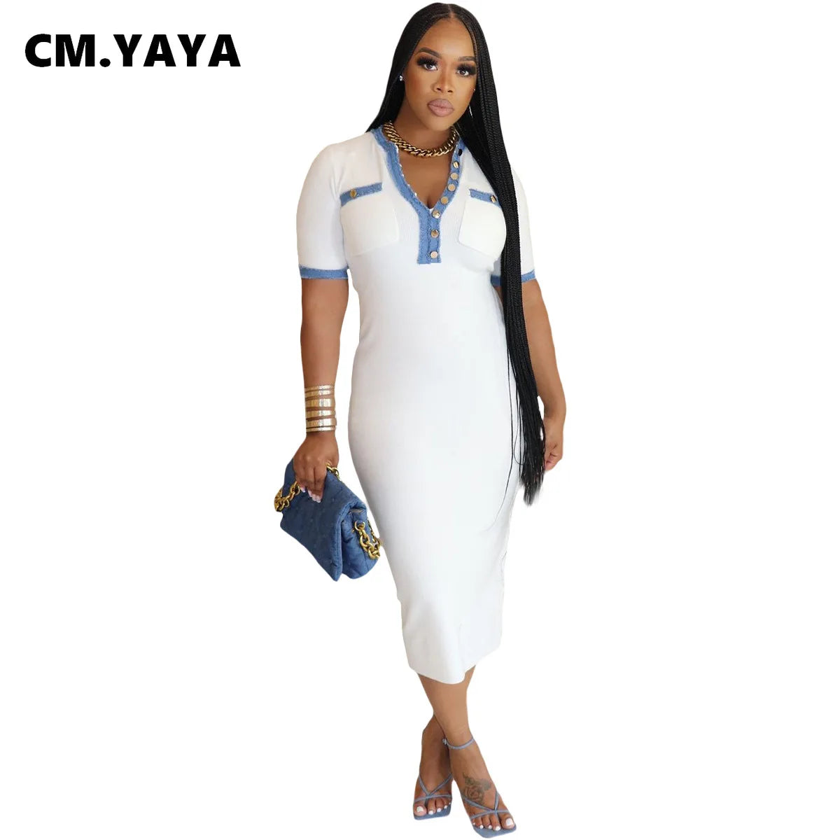 CM.YAYA Women Button Front Denim Splicing V-neck Short Sleeve Midi Dress 2024 Summer Sexy Club Street Party Dresses Vestidos - She Vibess By C2P