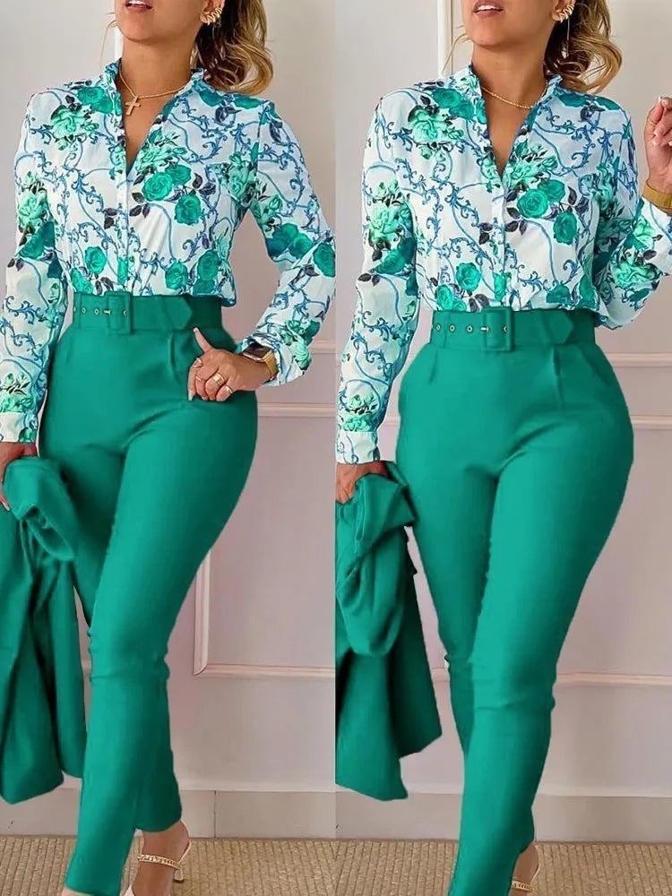 Autumn Winter Stand Neck Floral Print Long Sleeve Shirt Pants Two Piece Sets Elegant Women Casual Shirt Trousers Suits With Belt - She Vibess By C2P