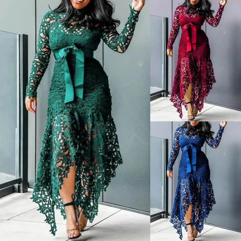 Bowtie Women Lace Dress 2024 Autumn Long Sleeve Stain Bow Belted Irregular Hem Hollow Out Sexy Bodycon Dress Evening Party Dress - She Vibess By C2P