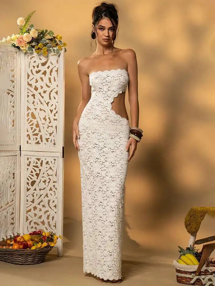 Blifanbo Backless Sexy Off-shoulder Maxi Dress Women Lace Sleeveless Strapless Hollow Out Skinny Club Party Long Dress Elegant - She Vibess By C2P