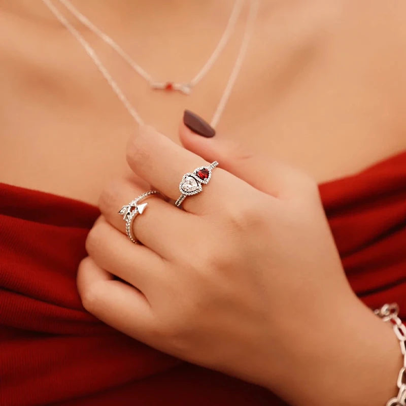 New in Rings Colorful Zircon Shining Red Heart-shaped Jewelry Sets Double Heart Classic Ring Necklace Earrings Luxury Jewelry - She Vibess By C2P