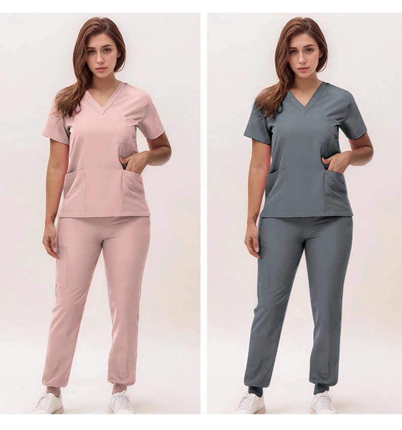 2025 New Nurse Uniforms V-neck Top Jogger Pants Scrub Sets Surgical Workwear Dentist Nursing Suit Hospital Doctor Outfit S21 - She Vibess By C2P