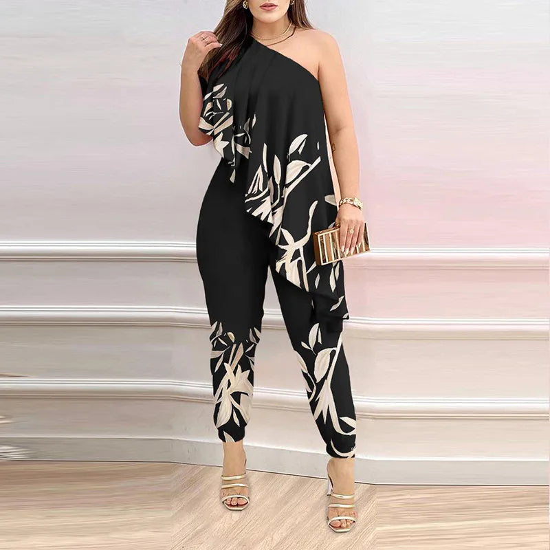 New Pencil Pants Playsuits Women Summer Loungewear Printing Fashion Skew Collar Sleeveless Ruffles Ladies Jumpsuits - She Vibess By C2P