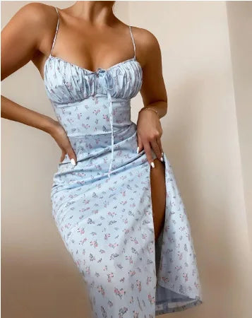 Flower Printed Spaghetti Strap Dresses For Women Sexy Low Cut Beach Party Slim Slit Dress Chic Bodycon Lady Sleeveless Vestidos - She Vibess By C2P