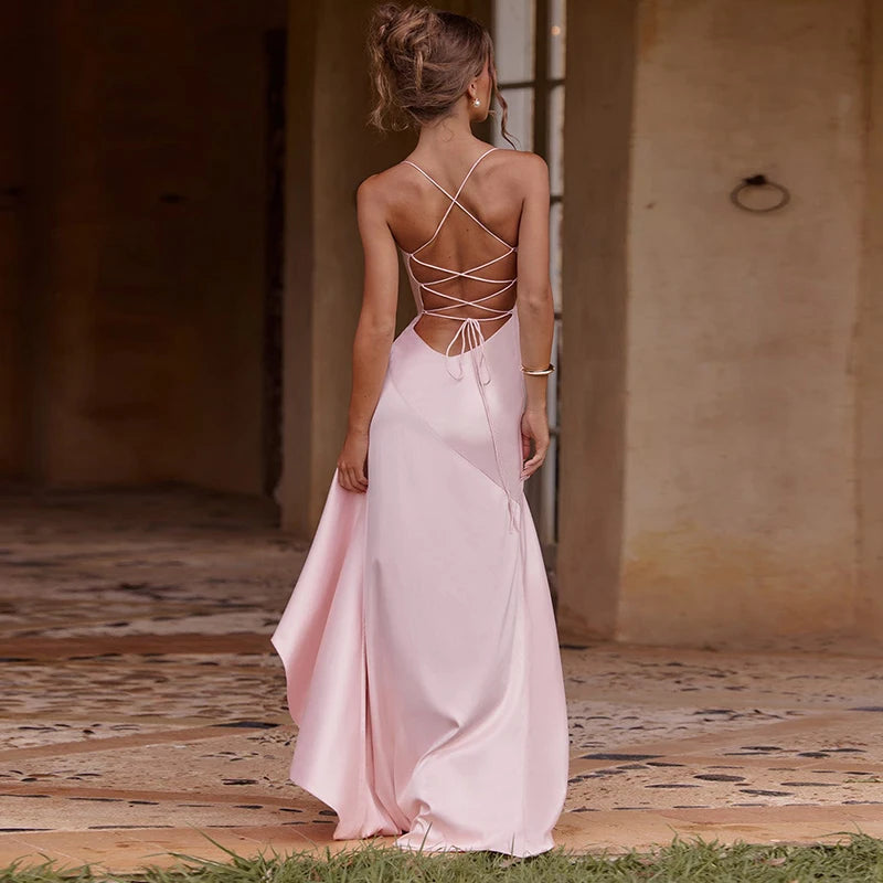Sexy Slash Neck Slim Ruffle Banquet Dress Women Spring Backless Lace-up Long Irregular Dress Summer Sleeveless Hollow Maxi Dress - She Vibess By C2P
