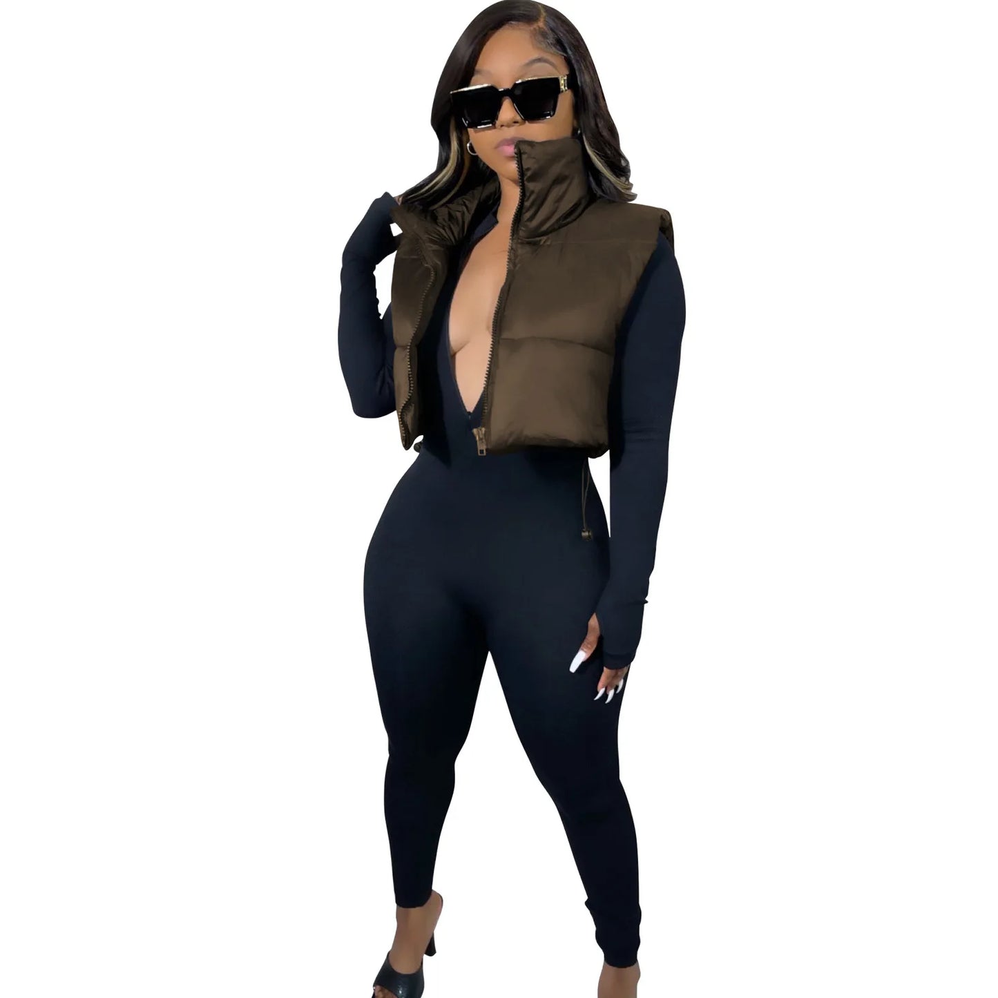 Women's Winter Vest Fashion Faux Leather Padded Jacket Coat Vintage PU Black And White Female Short Waistcoat Chic Clothes Tops - She Vibess By C2P