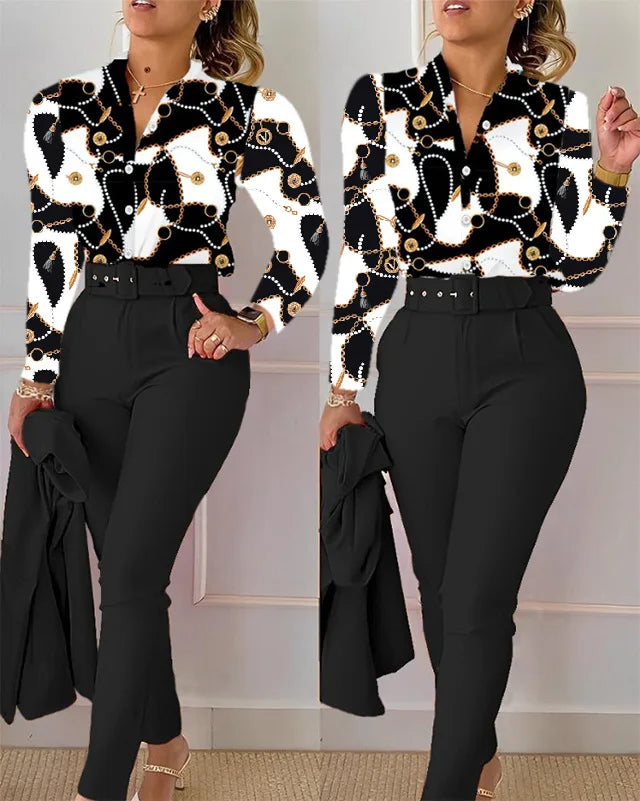 Autumn Winter Stand Neck Floral Print Long Sleeve Shirt Pants Two Piece Sets Elegant Women Casual Shirt Trousers Suits With Belt - She Vibess By C2P