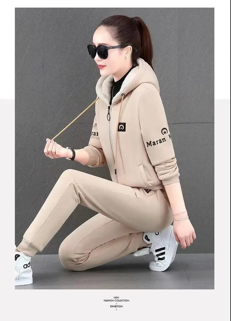 Fashionable Thickened Fleece Set Women's Loose Casual Outfit Hoodie with Pocket Two-Piece Autumn Winter Style Streetwear - She Vibess By C2P