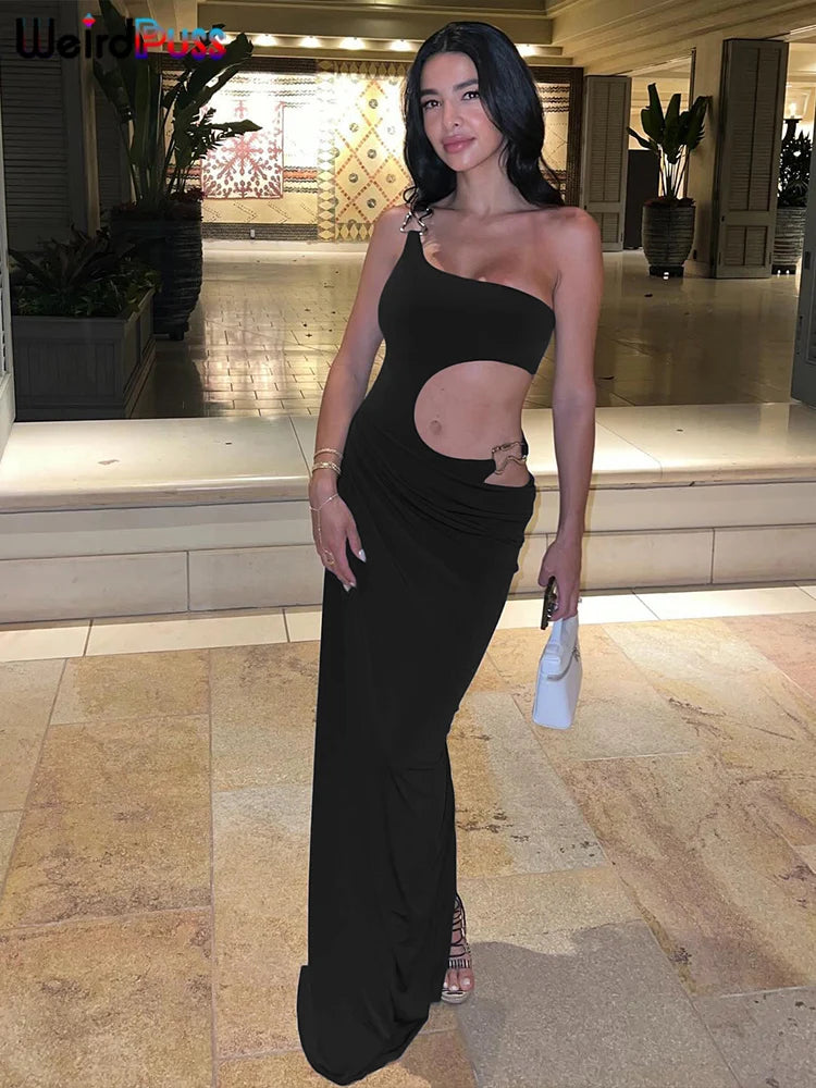 Weird Puss Metal Buckle Dress Women Irregular Hollow Split One Shoulder Skinny Ruched Waistless Midnight Clubwear Maxi Bodycon - She Vibess By C2P