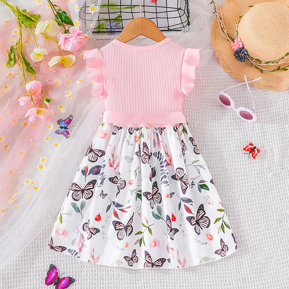 Cute and Comfortable Girls Summer Dress with Butterfly Print and Pitted Stripes Wear Special Occasions Girls Casual Dresses - She Vibess By C2P