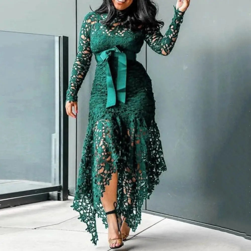 Bowtie Women Lace Dress 2024 Autumn Long Sleeve Stain Bow Belted Irregular Hem Hollow Out Sexy Bodycon Dress Evening Party Dress - She Vibess By C2P