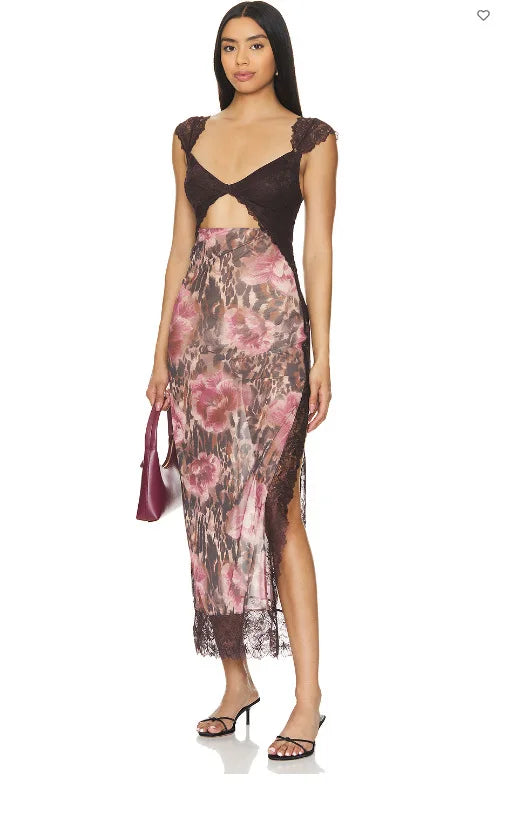 Summer New Lace Backless Shoulder Strap Splicing Slit Pattern Long Dress Women's Clothing - She Vibess By C2P