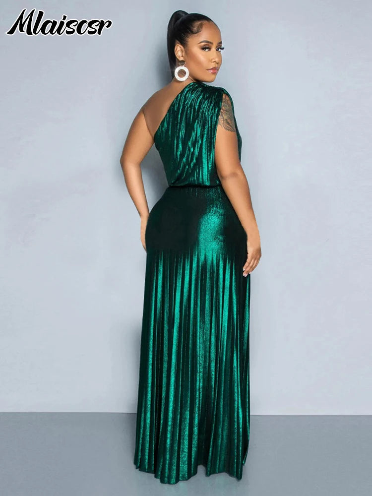 Mlaiscsr Metallic Golden One Shoulder Sleeveless Pleated A-Line Long Dress Elegant Women Luxury Birthday Evening Gowns Vestidos - She Vibess By C2P