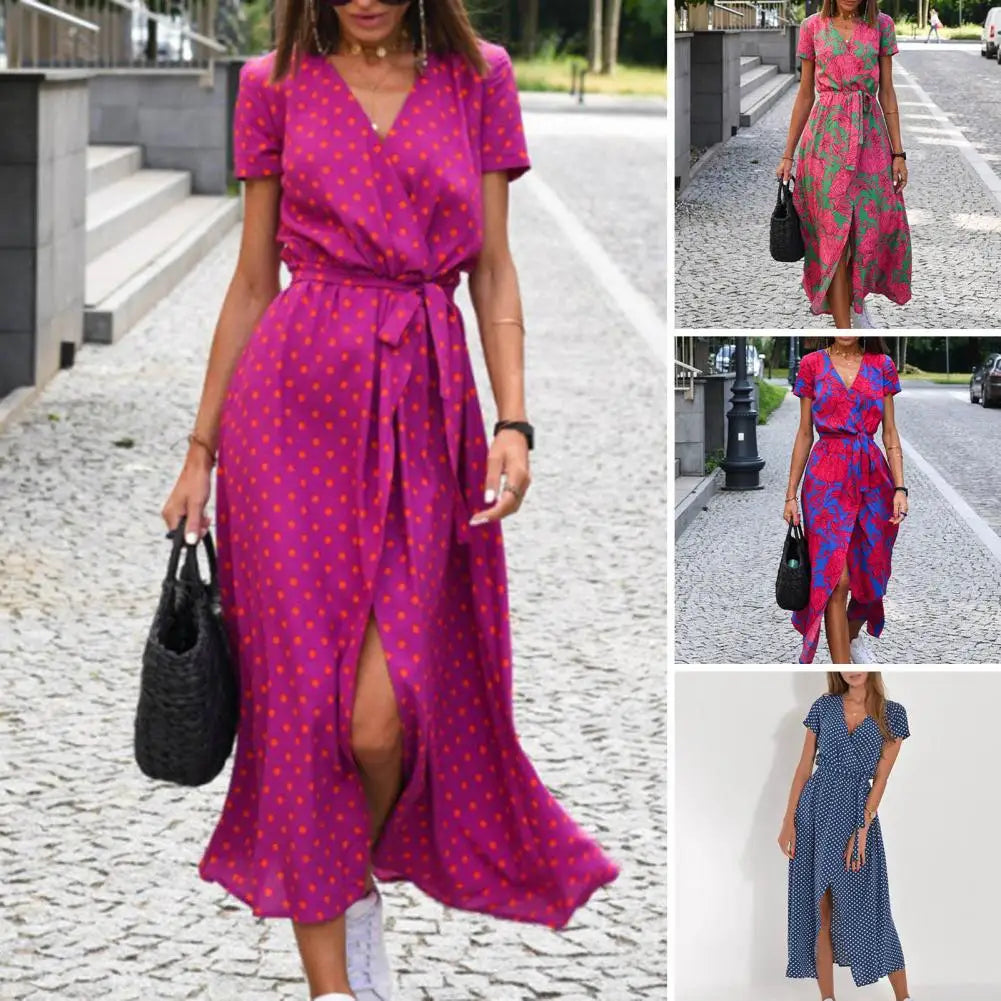 Lady Midi Dress Contrast Color Summer Vacation Holiday Lady Midi Dress Split Dot Print Summer Beach Dress Female Clothes - She Vibess By C2P