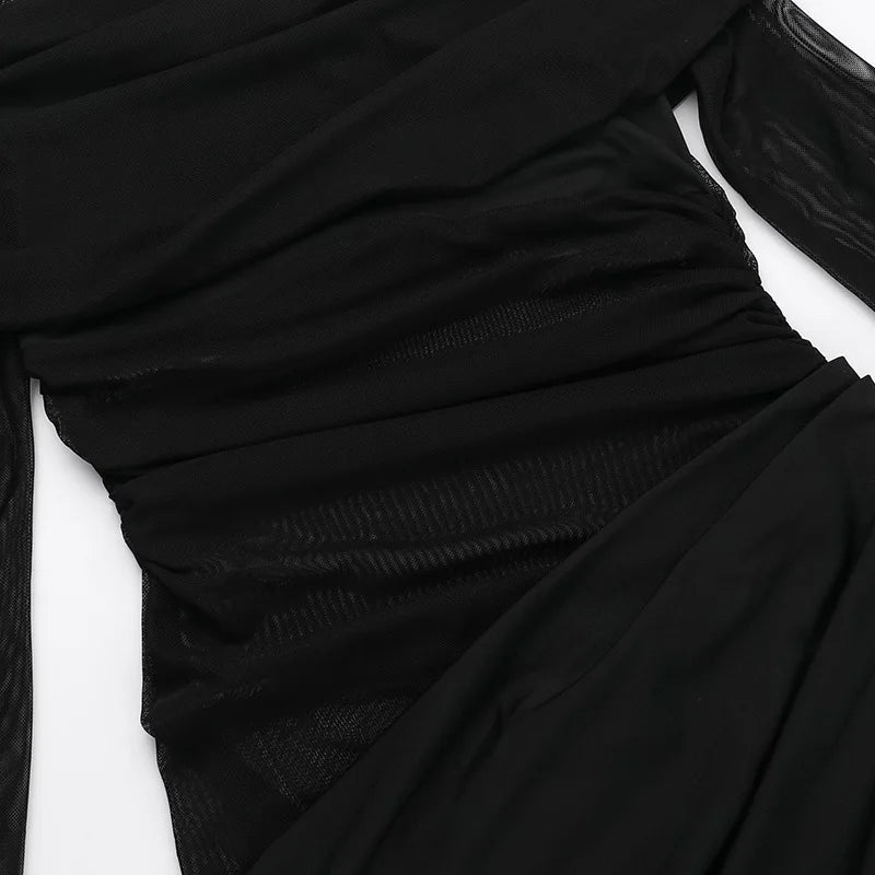 Y2k Summer New Solid Color Long Sleeve Off Shoulder Dresses Sexy Wrap Hip Mesh See Through Ruched Patchwork Long Dress 2024 New - She Vibess By C2P