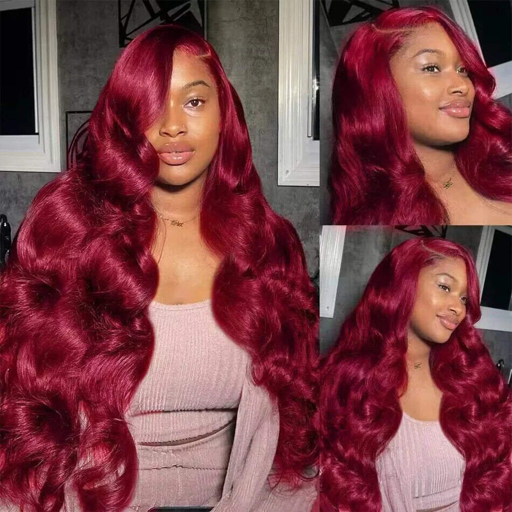 200 Density 99J Burgundy 30 36 Inch HD PrePlucked Transparent Remy Body Wave 13x4 13x6 Lace Frontal Wig Human Hair For Women - She Vibess By C2P