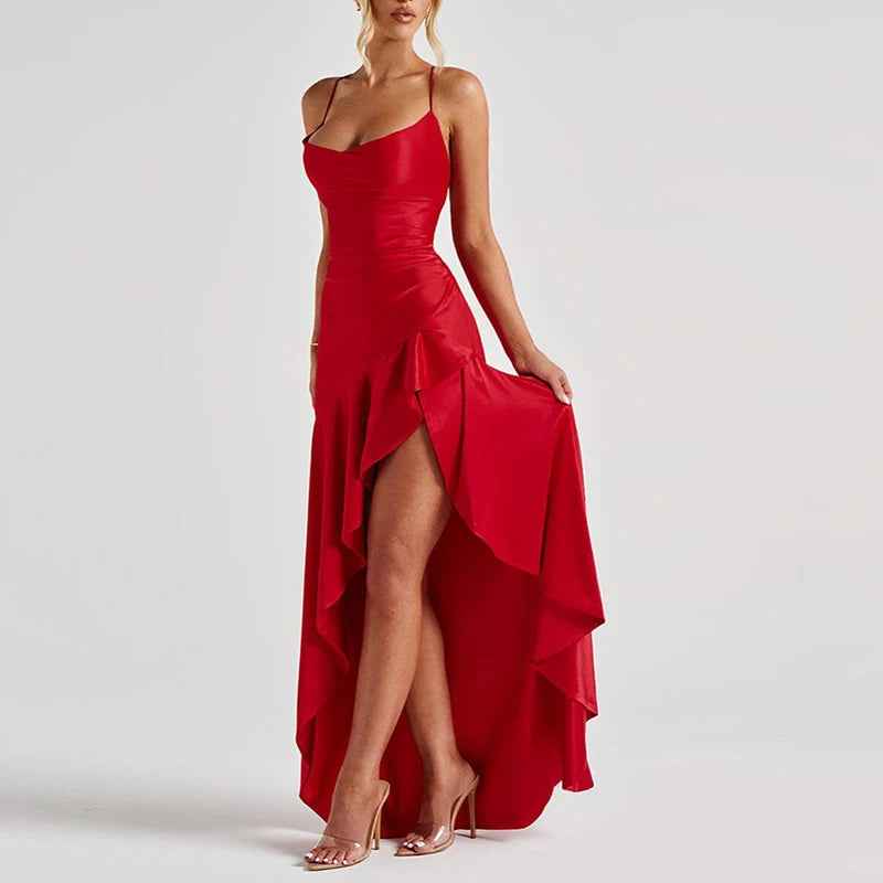 Sexy Slash Neck Slim Ruffle Banquet Dress Women Spring Backless Lace-up Long Irregular Dress Summer Sleeveless Hollow Maxi Dress - She Vibess By C2P