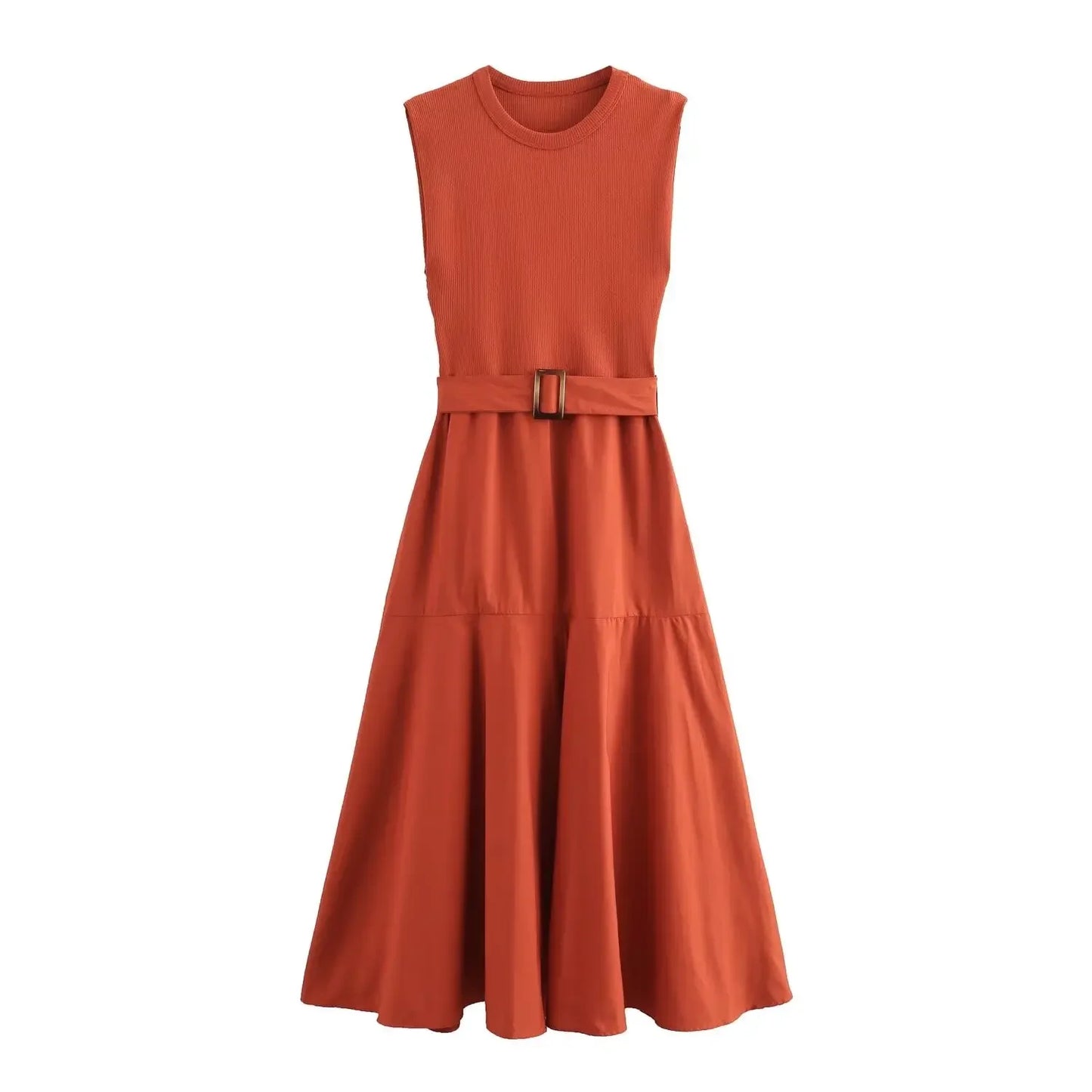 BWQ New Women Solid Patchwork Dress With Belt Elegant Office Ladies Sleeveless O-neck Dress Vintage Causal A-line Long Dress - She Vibess By C2P