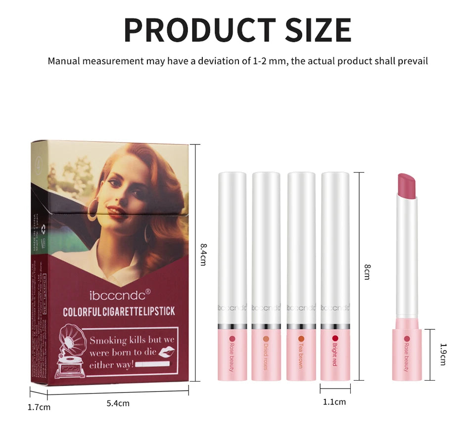 4 pcs/set Cigarette Lipstick Set Long Lasting Lip Glaze Matte Lip Gloss Waterproof Lip Stick Tube Nude Lip Tint Makeup Cosmetics - She Vibess By C2P
