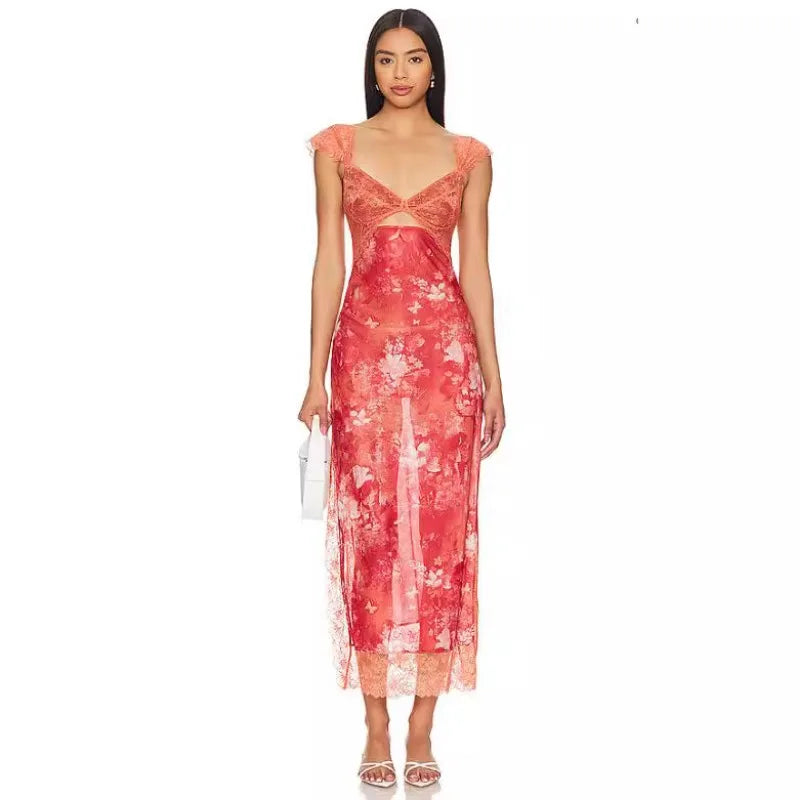 Summer New Lace Backless Shoulder Strap Splicing Slit Pattern Long Dress Women's Clothing - She Vibess By C2P